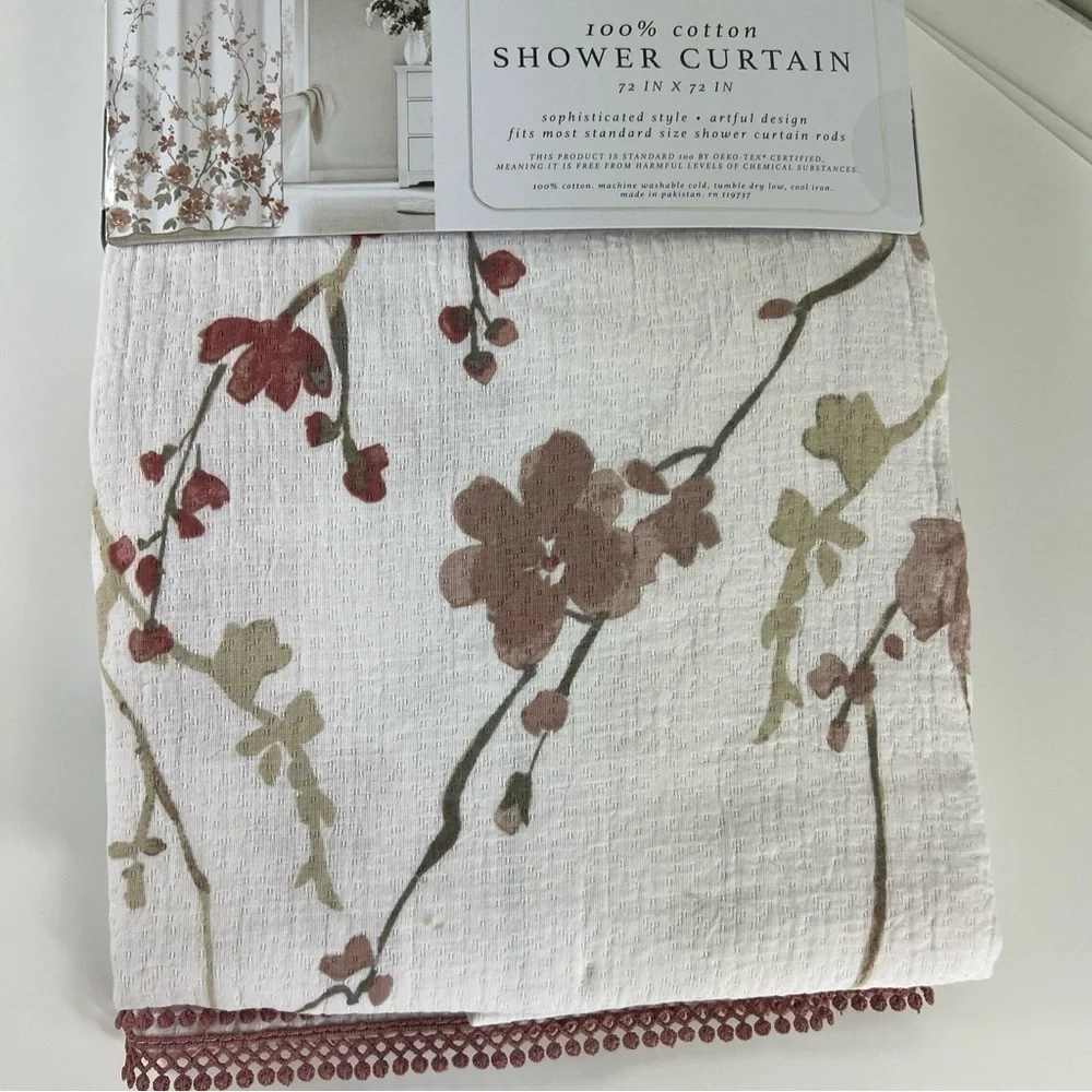 Le Printemps Floral Shower Curtain - Multi Color with Lace Trim - 100% Cotton